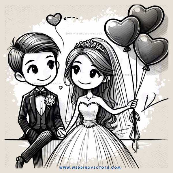 wedding couple sitting and holding balloons