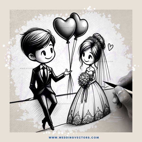 a cartoon of a bride and groom with an air balloon