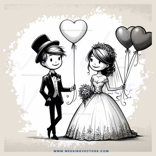 a bride and groom with balloons