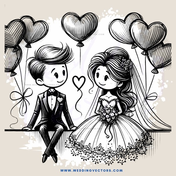 groom and bride sitting together with balloons around them