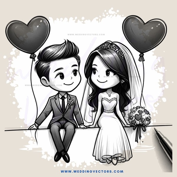 groom and bride posing together with balloons