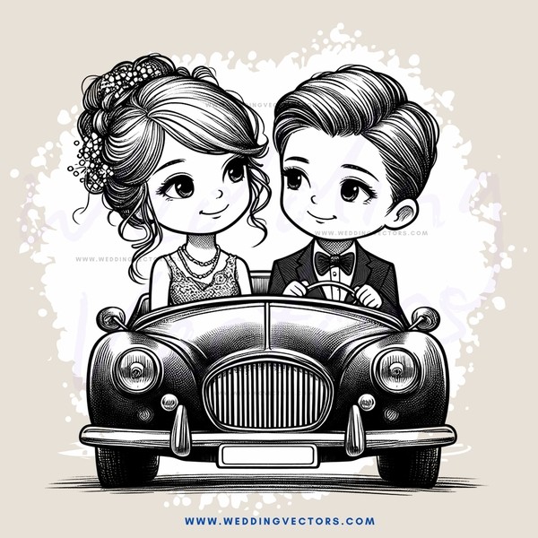 the happy couple in the antique car