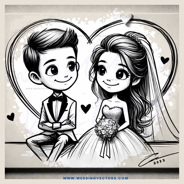 a boy and girl sitting down together with hearts around them