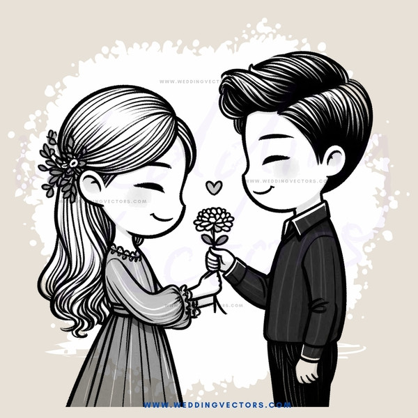 a boy and girl exchange flowers