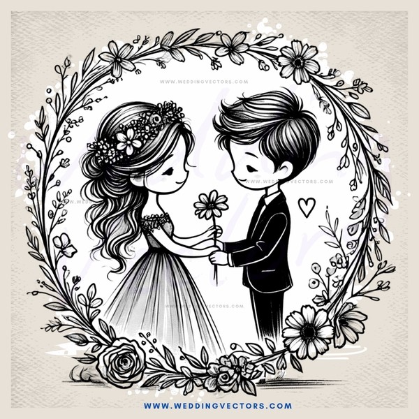 wedding portrait with flowers and bride & groom in black and white