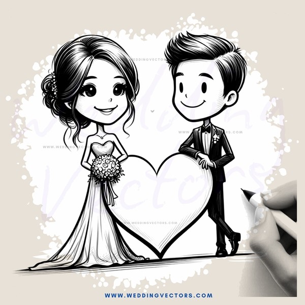a couple in wedding attire with their love heart drawn beside them
