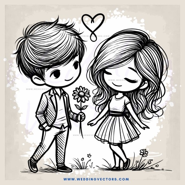 cartoon boy and girl holding flowers
