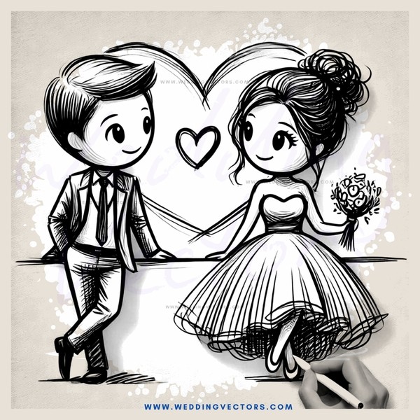 cartoon couple posing together holding vase and flower