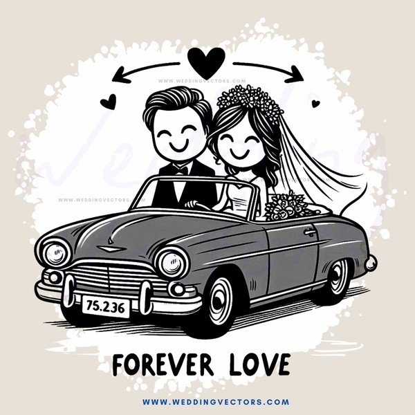 a caricature of couple's honeymoon drive