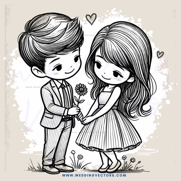 boy and girl shaking hands with flowers and love hearts in background