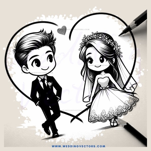 a wedding sketch in black and white