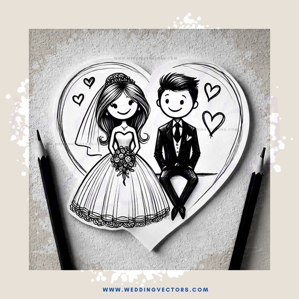 a heart-shaped paper clip picture featuring bride and groom with bouquet