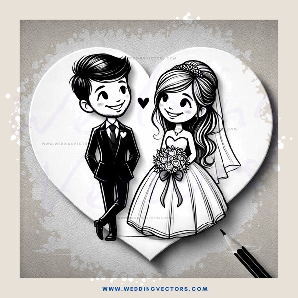 a black and white wedding illustration on a heart