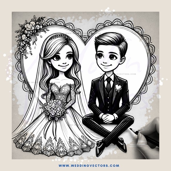 a couple sketched in black and white with one's hand