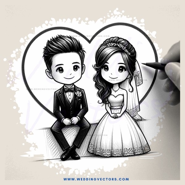 boy and girl cartoon drawing on paper heart shape