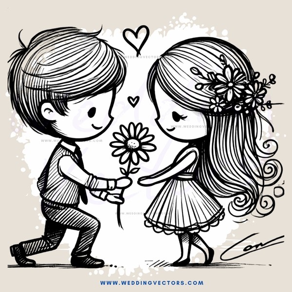 cartoon love story - boy and girl holding flower