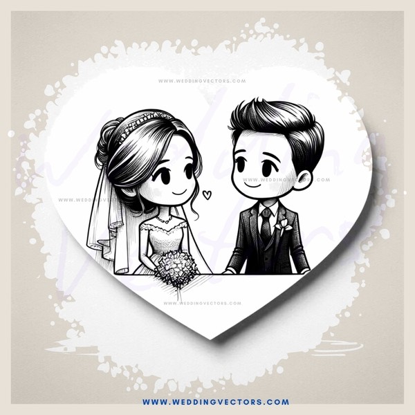 wedding bride and groom in cartoon style drawing