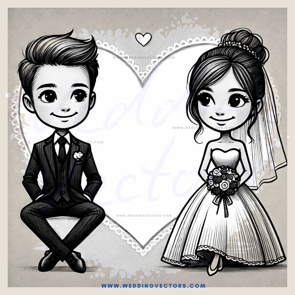 a bride & groom in heart shape drawing