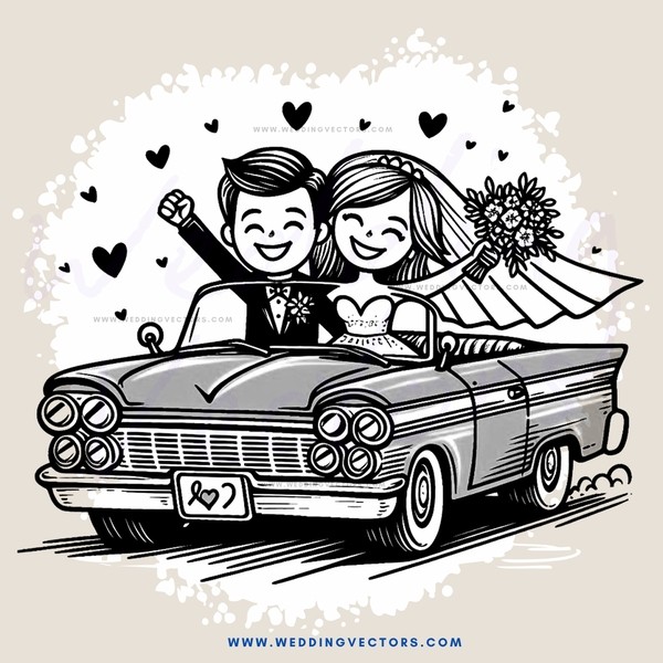 a couple in a vintage car with their wedding cake
