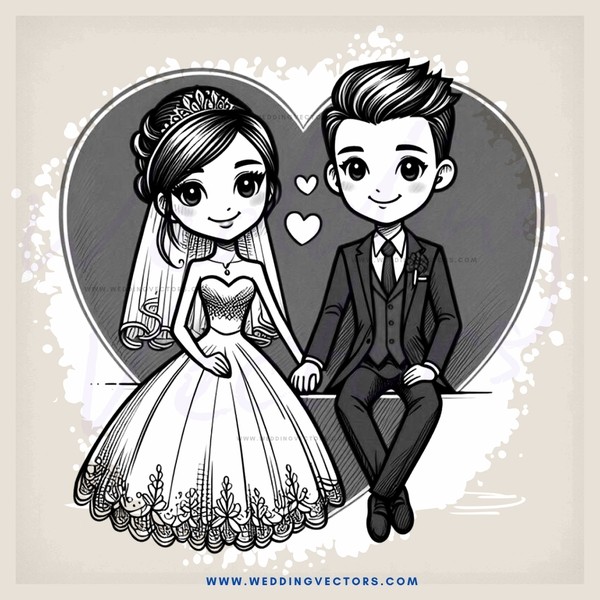 couple in wedding attire sitting on bench with hearts