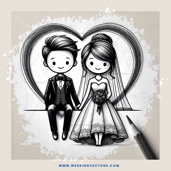 bride and groom drawing with pen on white paper