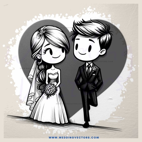 wedding couple cartoon illustration in black and white