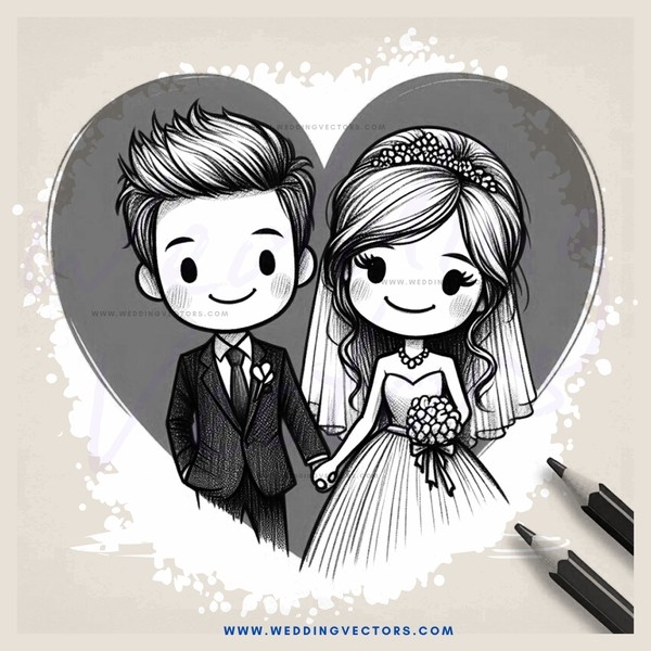 a cartoon illustration of a couple in wedding attire