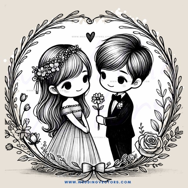 a girl and boy stand in an oval with flowers