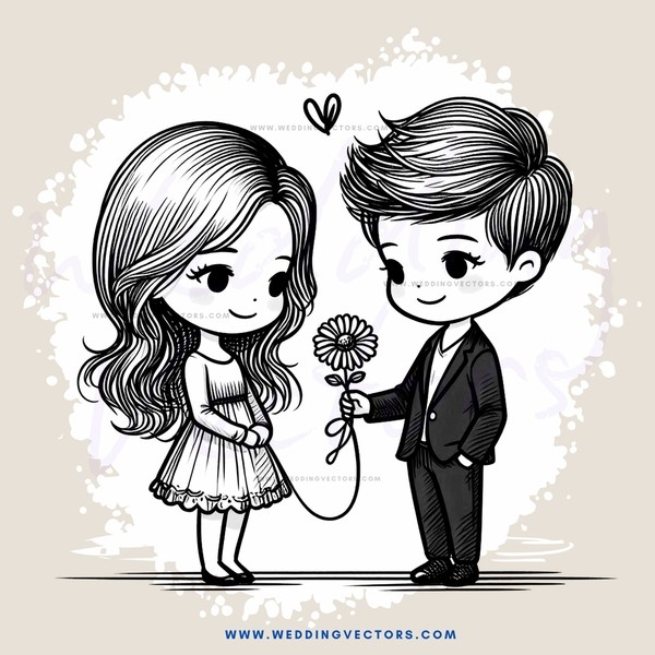 boy and girl holding flowers with heart symbol on background