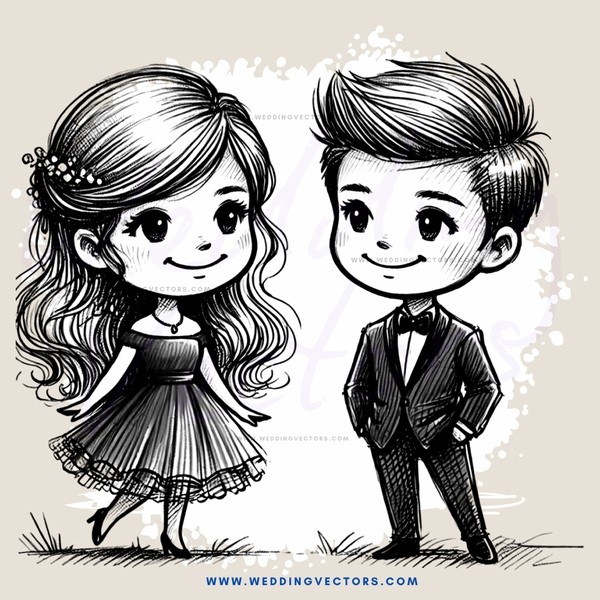 a boy and girl holding hands in black and white cartoon drawing