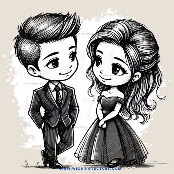 wedding cartoon drawing in black and white style