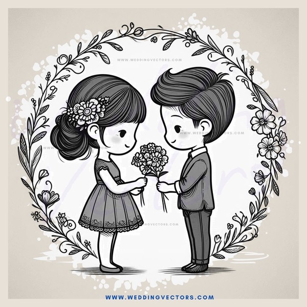 a boy and girl standing together with flowers