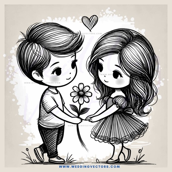 a boy and girl holding hands and flowers