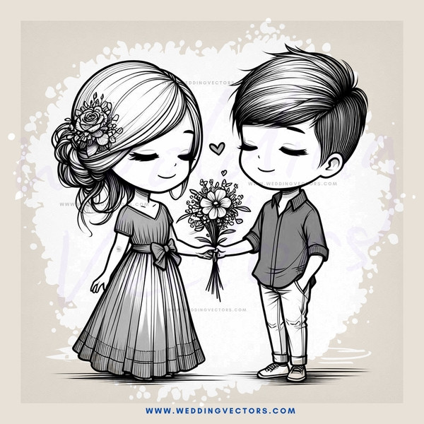 a boy and girl are exchanging flowers