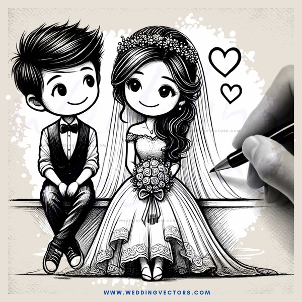 a boy and girl sitting down together with hearts on the background