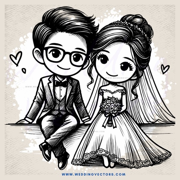 cartoon bride and groom posing for picture together