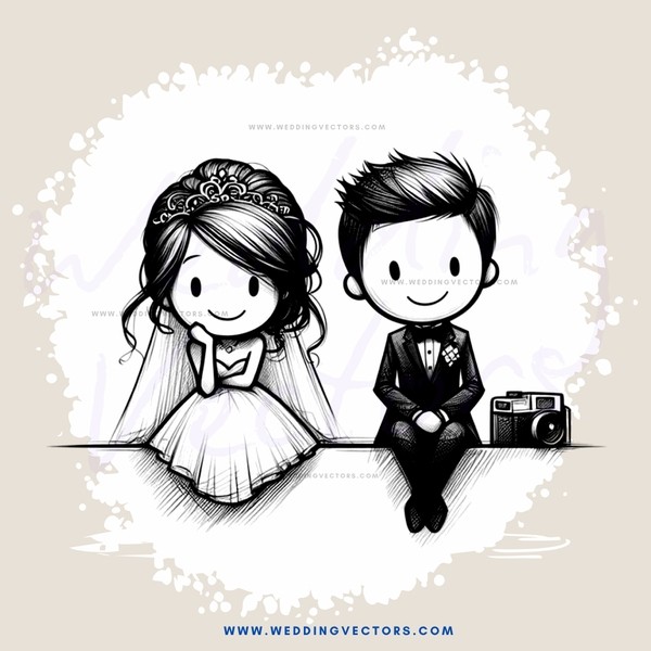 newly married couple looking at photos