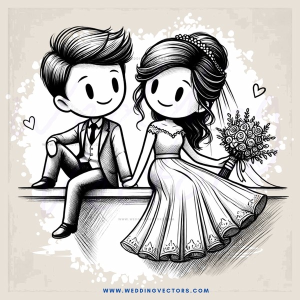 a boy and girl sitting together with hearts around them