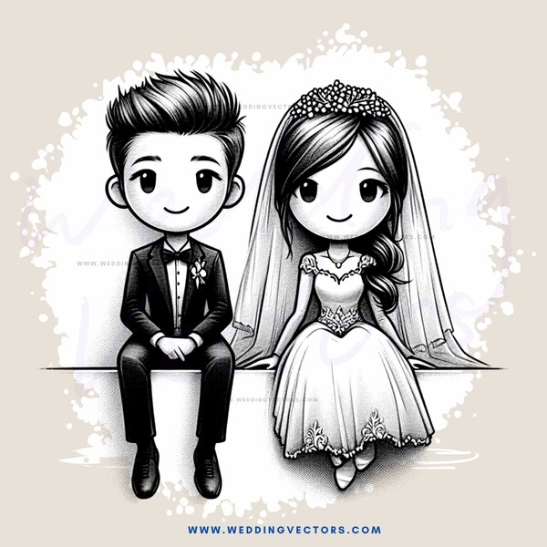 cartoon bride and groom seated side by side on bench