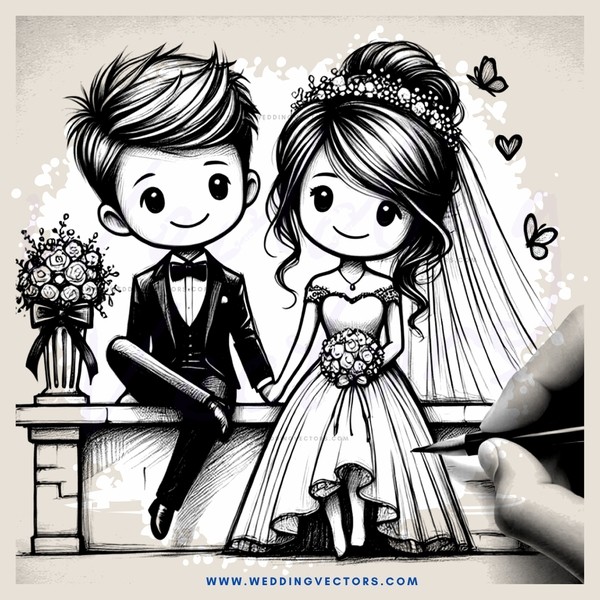 a couple sitting on a bench holding hands with wedding rings drawn over them