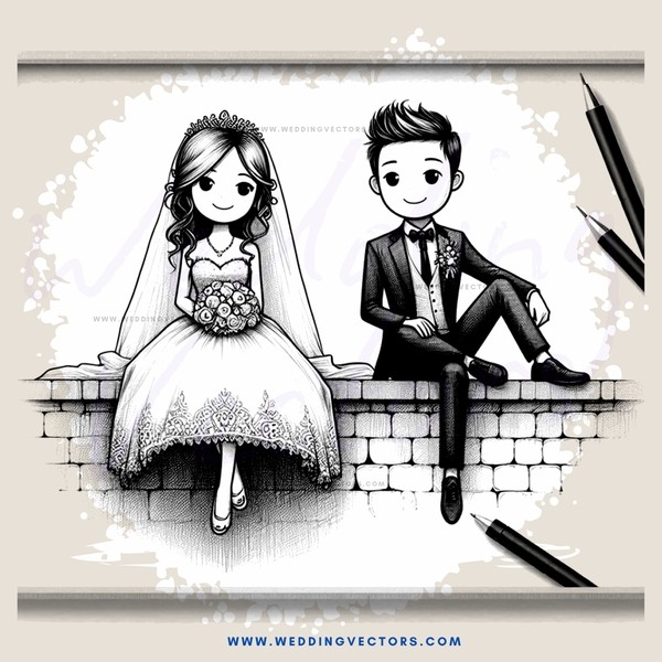 bride and groom sitting on brick wall