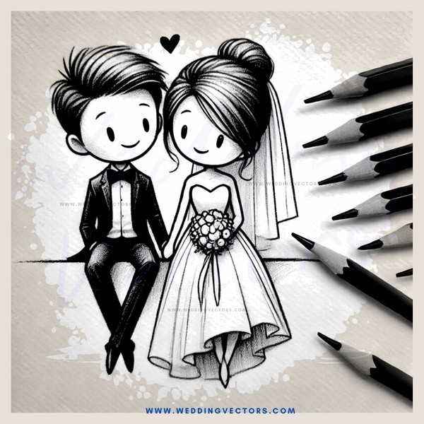 a cartoon couple with wedding gifts and pencils in their hands