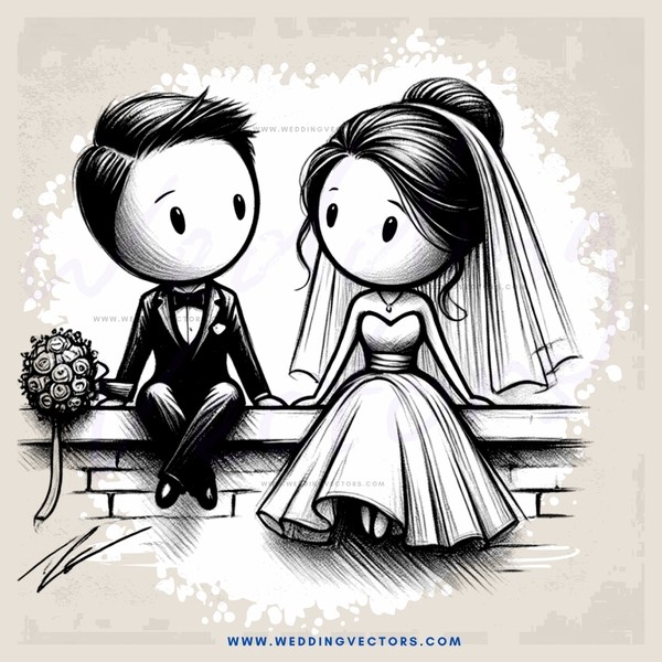 a bride and groom in cartoon style engagement ring