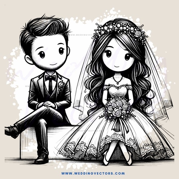 a bride and groom in wedding attire seated on a bench