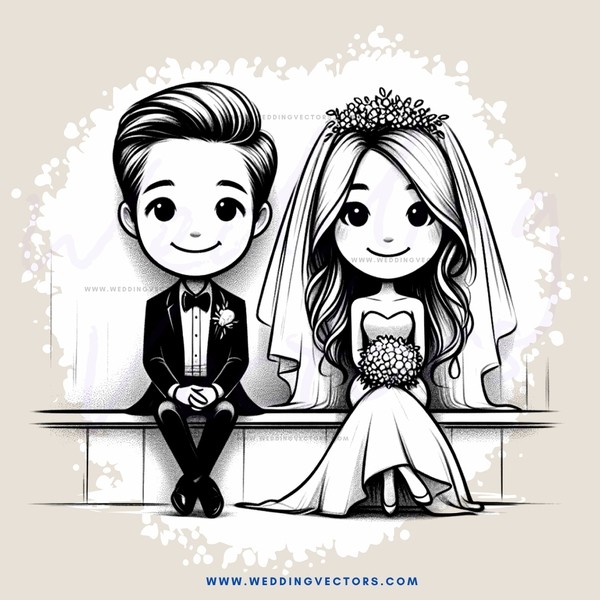 a black and white cartoon of a bride and groom