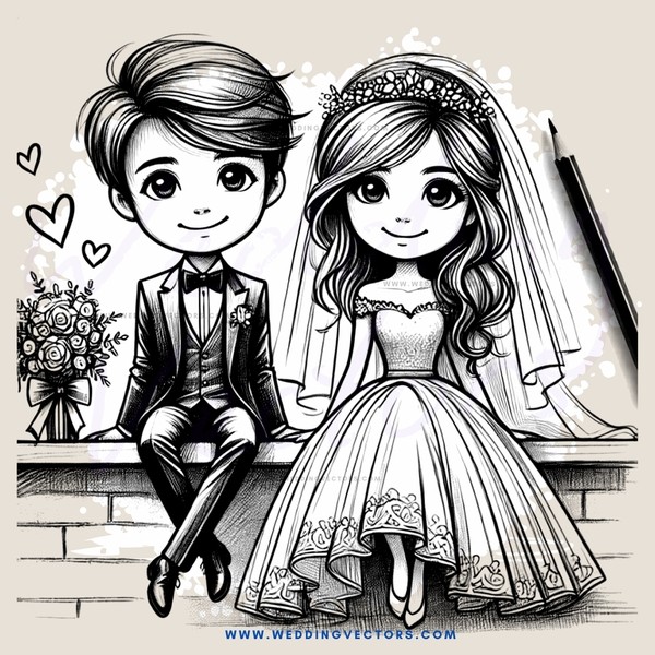 cartoon married couple sitting on brick wall
