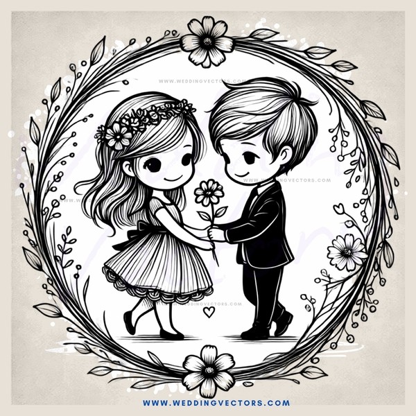 a boy and girl holding flowers in an oval shape