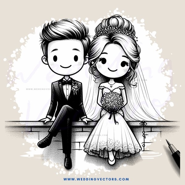 a newlywed couple sitting on a brick wall