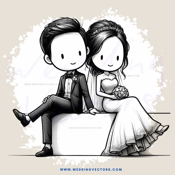 a cartoon drawing of bride and groom sitting down
