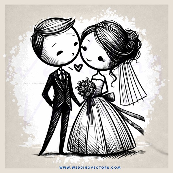 wedding couple portrait in black and white cartoon style